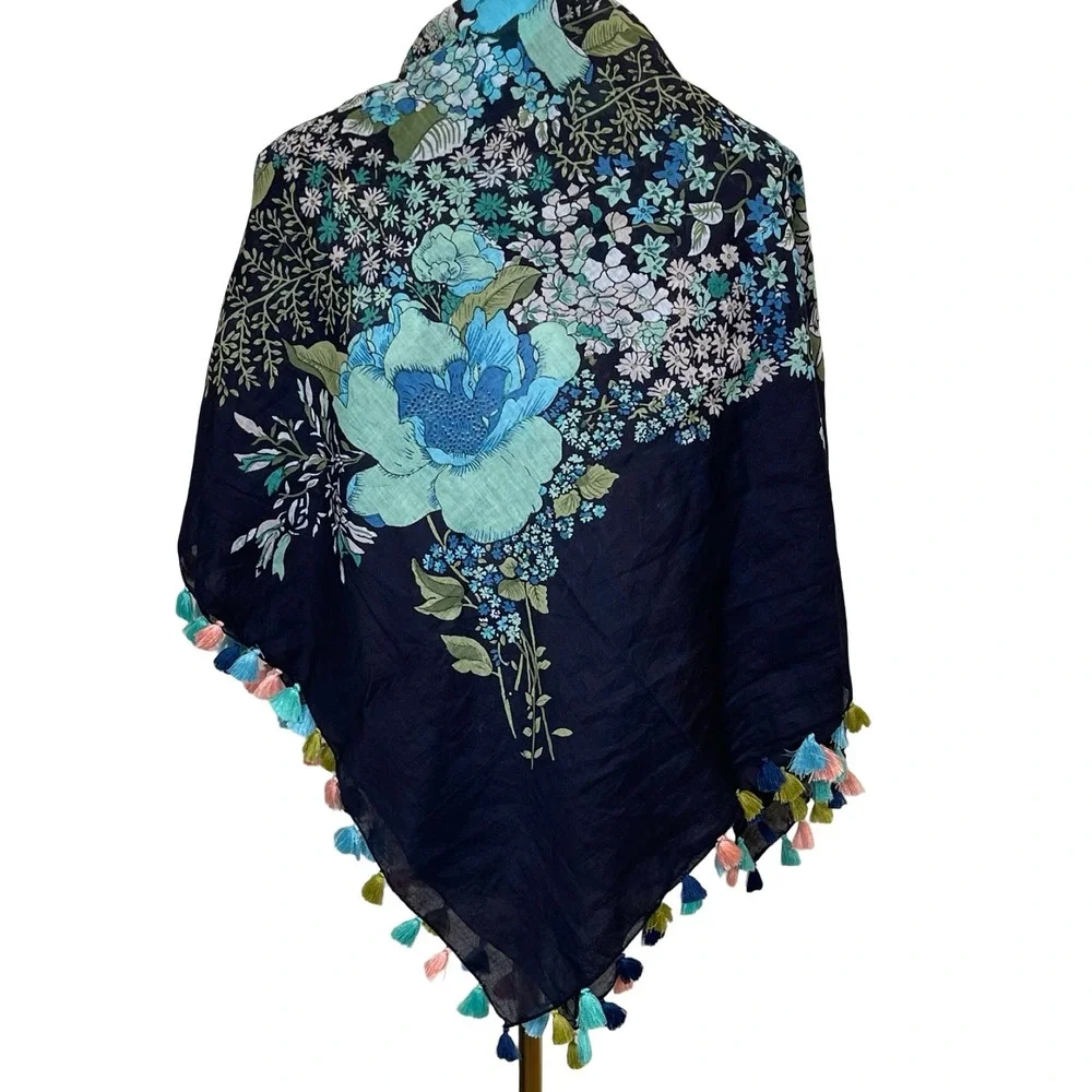Bohemian Floral Print Square Scarf Shawl Tassel Trim Blue Green Pink Art to Wear